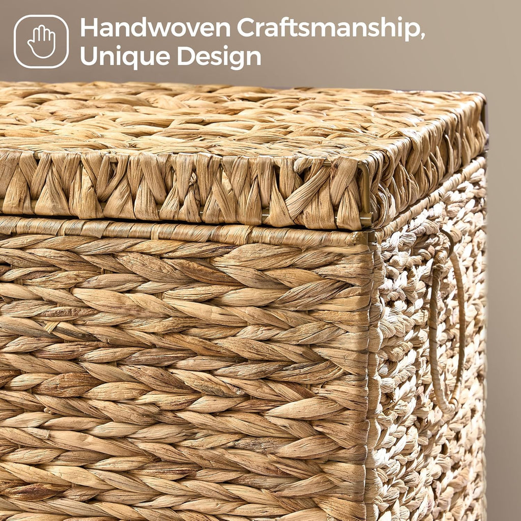 Handwoven Storage Basket with Lid, 165L Wicker Storage Bin, Natural Water Hyacinth, Leather Buckle & Metal Frame, Metal Ring Handles for Easy Transport, Storage Chest & Trunk for Bedroom, Living Room