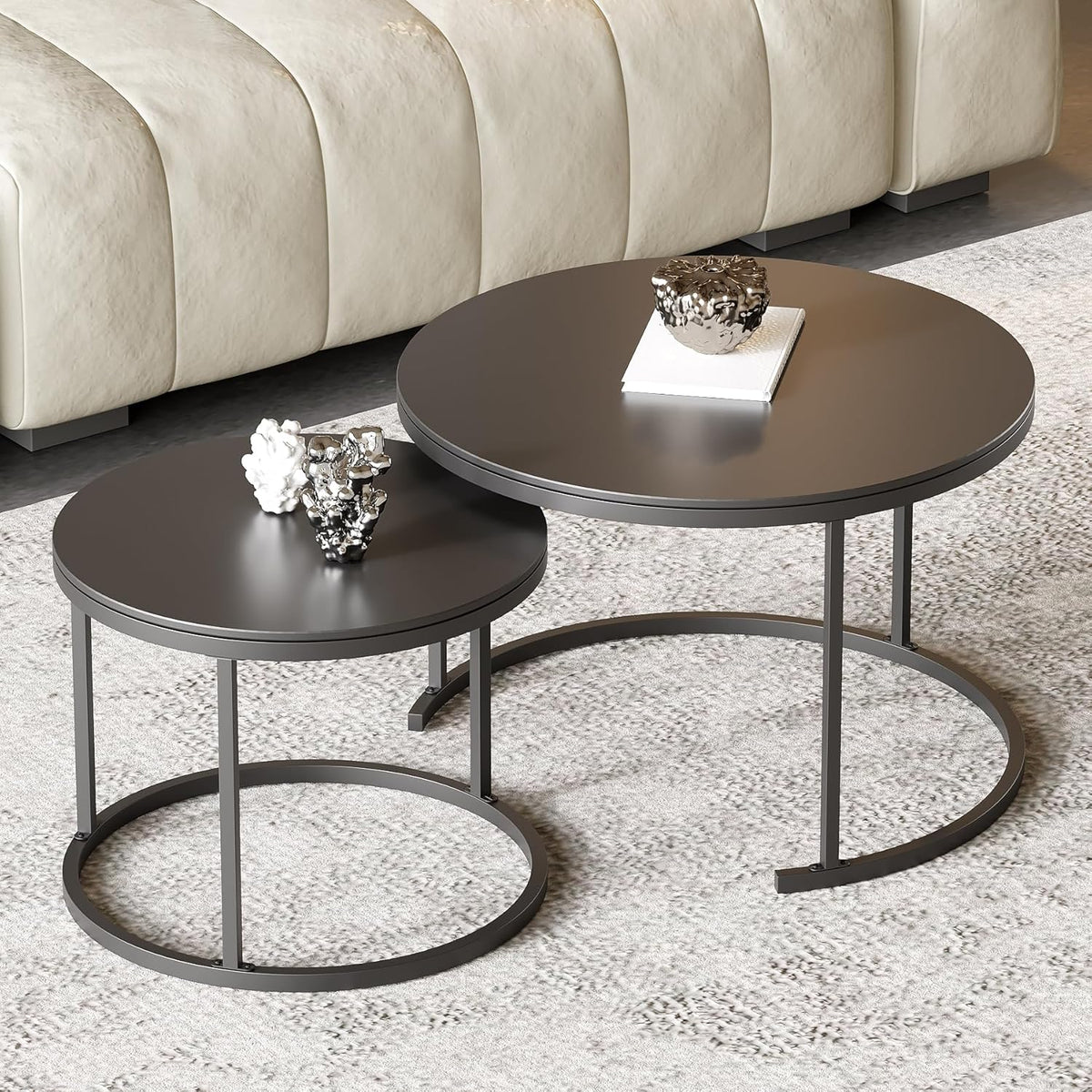 Round Nesting Coffee Table, Black Modern Decorative Coffee Center Table Set of 2, Sintered Stone Coffee Table for Living Room with Sturdy Metal Frame.