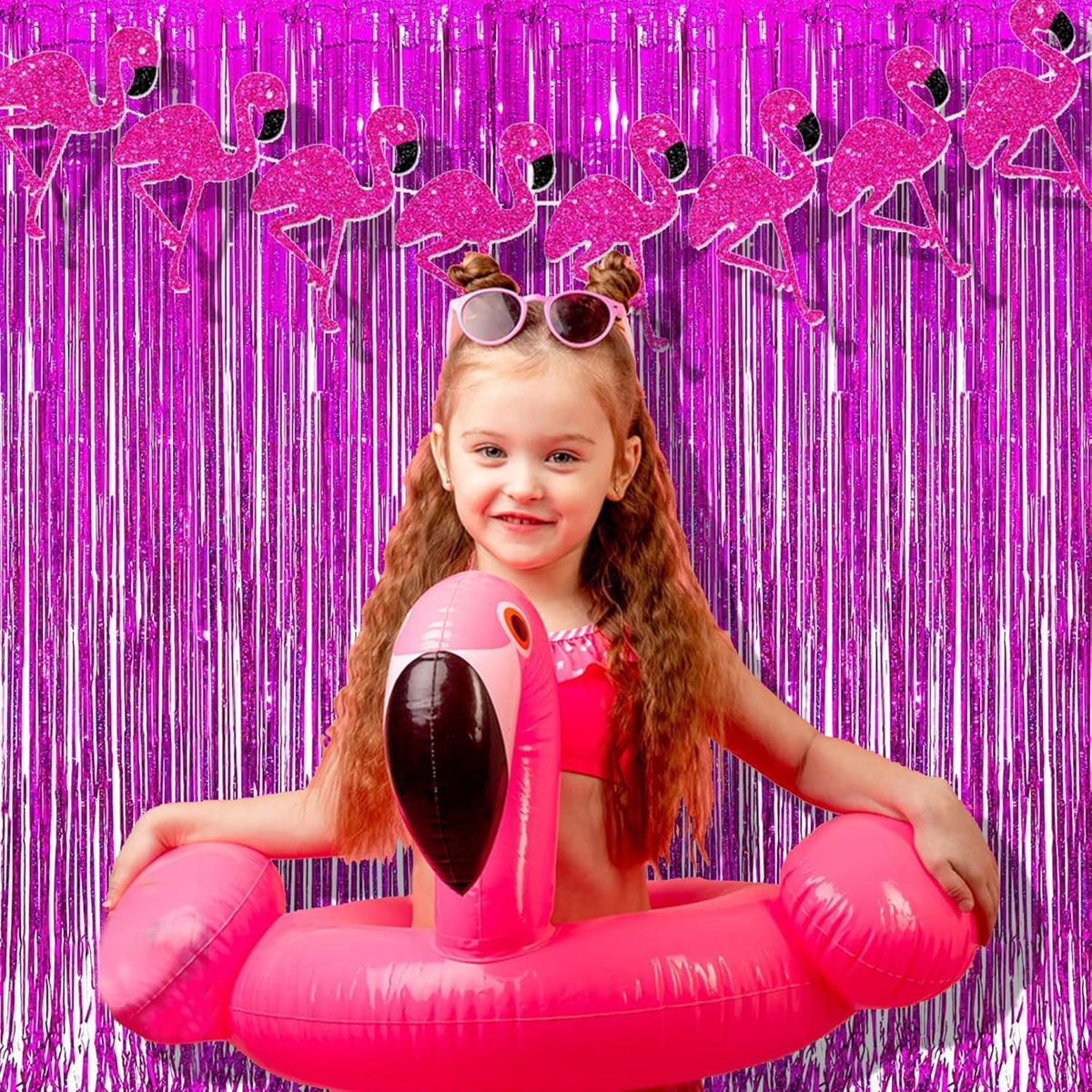 BRAVESHINE Hot Pink Tinsel Foil Fringe Curtains - 2Pcs 3.2x8.2ft Metallic Party Streamers Backdrop for Girl Birthdays Valentines Bridal Shower Bachelorette Hawaiian Luau Theme Party Decorations