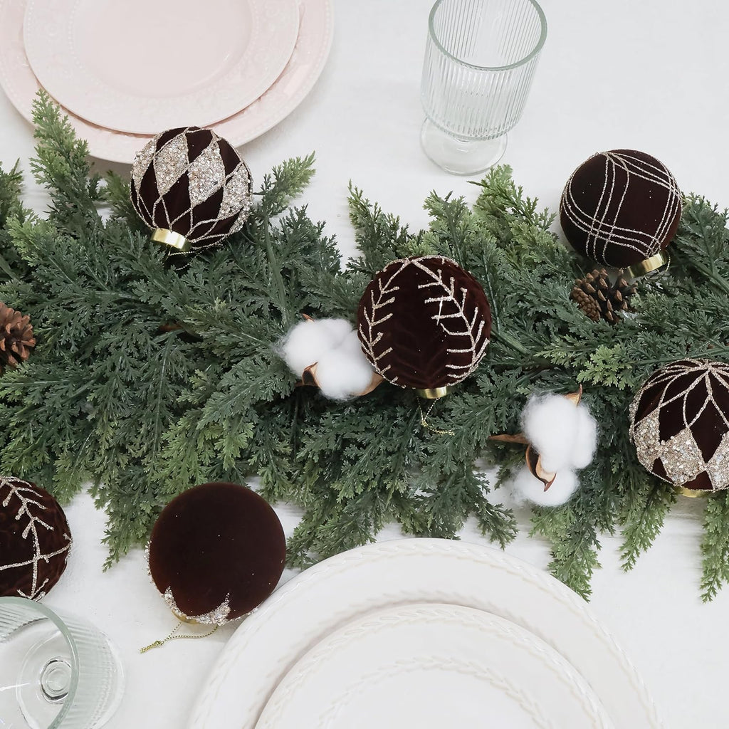 3.15INCH Brown Velvet Ornaments for Christmas Tree, 12PCS Glitter Flocked Christmas Ornaments Decorations Balls Set Decor