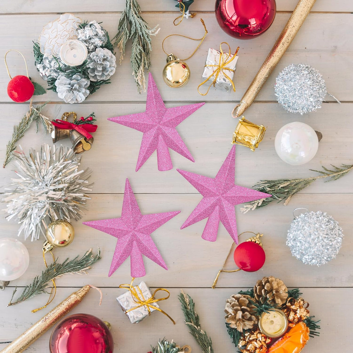 1PCS Christmas Tree Star Topper, 4" 3D Pink Xmas Tree Topper Decorations, Glitter Shatterproof Mini Bethlehem Star Tree Decor, Waterproof Star Tree Topper for Christmas Holiday Indoor Ornament