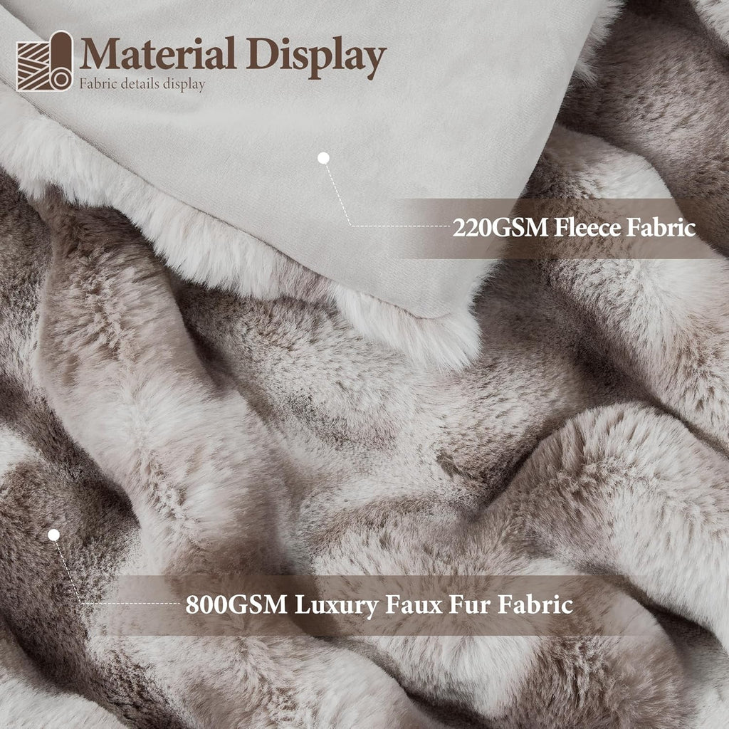 Touchat Luxury 1000GSM Faux Rabbit Fur Throw Blanket, Super Heavy Warm Cozy Brown Blankets for Couch Bed Sofa, Ruched Plush Fuzzy Elegant Soft Reversible Mink Blanket for Living Room Bedroom