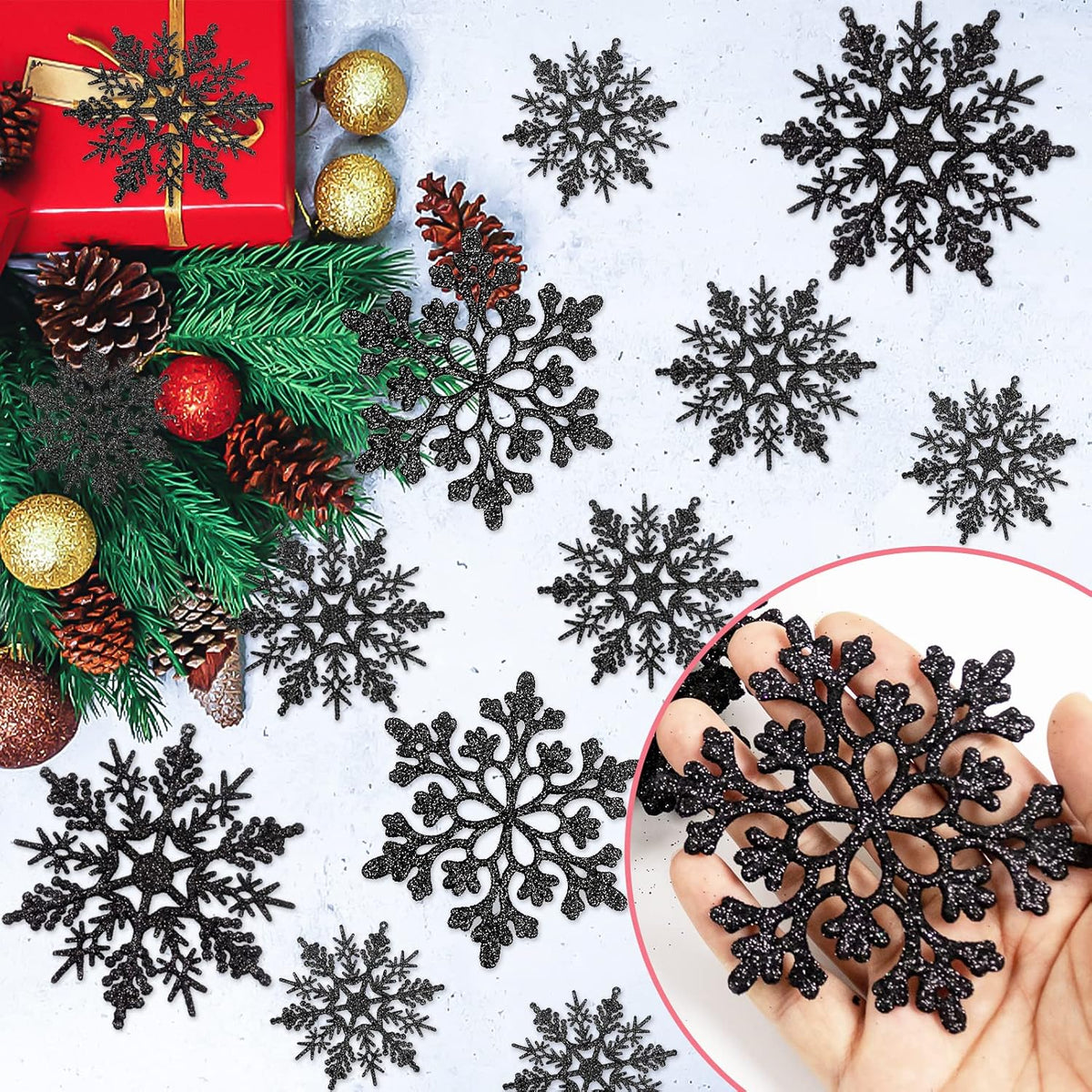 36pcs Black Christmas Snowflake Ornaments, Plastic Glitter Hanging Snow Flakes for Christmas Tree Decorations Winter Wonderland Frozen Birthday Party Holiday Home Decor Craft Snowflakes
