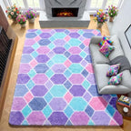 Checkered 6x9 Area Rugs for Living Room, Fluffy Purple Rainbow Girls Rug | Soft - Image 4