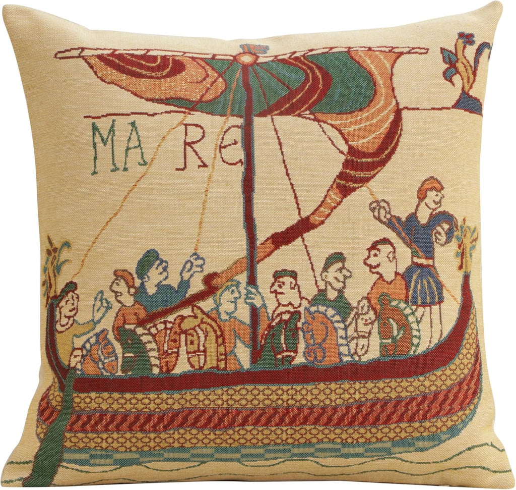 Charlotte Home Furnishings Bayeux Mare Throw Pillow Cover 16" x 16" – Medieval Ship Decorative Tapestry Cushion Case for Sofa, Couch, & Bed | Cotton Jacquard Woven in Europe | Insert Not Included