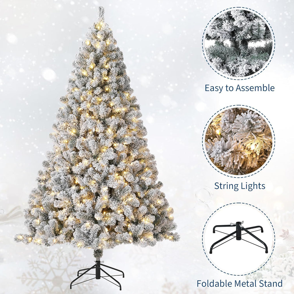 GarveeHome 7.5ft Prelit Artificial Christmas Tree with Warm White Lights, Snow Flocked Full Xmas Tree with 1050 Branch Tips, 450 LED Lights & Foldable Stand, Green & White Christmas Decorations