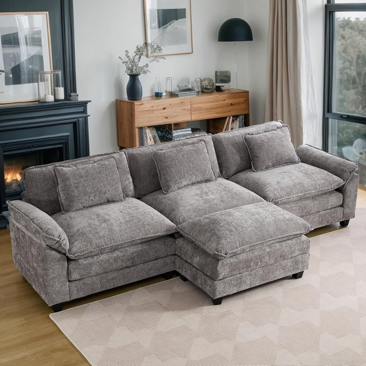 URRED Modular Sectional Sofa Comfy Cloud Couch, Modern Chenille Sofa Sleeper Deep Seat Couches with Ottoman/Pillows for Living Room (Gray, 117''- L Shape)