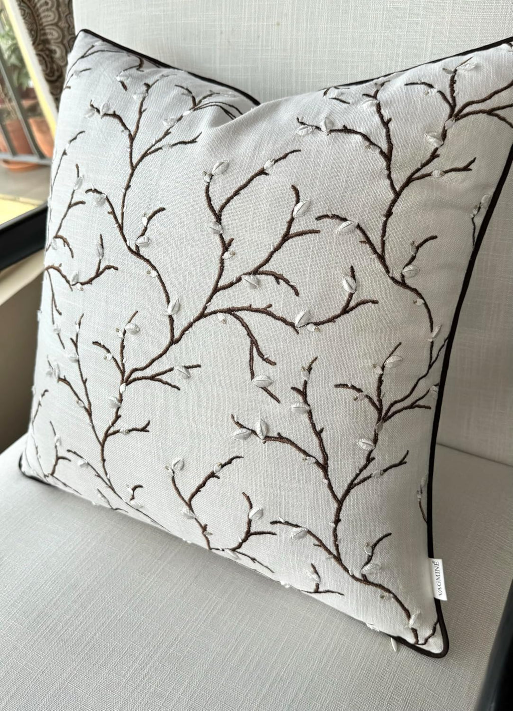 VAGMINE Embroidered Pussy Willow Throw Pillow Cover - 18x18 Inches Square - 100% Cotton Ivory Decorative Cushion Cover - Floral Embroidery - Soft Neutral Accent for Sofa, Bed, Couch, Farmhouse Décor