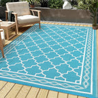 GAOMON Outdoor Rug for Patio 5'x8' Reversible Plastic Rugs Camping Mat for Outdoor, RV, Backyard, Deck, Balcony, Picnic, Beach, Teal/White(Geometric)