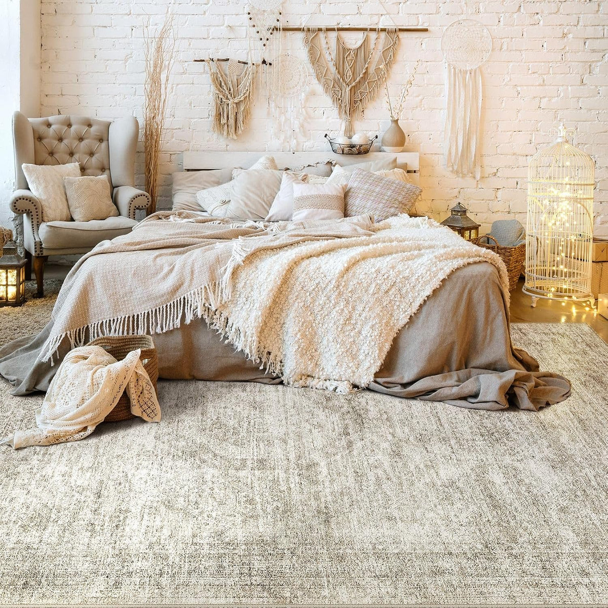 Washable Area Rugs for Living Room -8x10 Neutral Vintage Distressed Floral Farmhouse Boho Large Soft Floor Rug Indoor Non Slip Carpet for Living Room Bedroom Dining Room Office-Beige