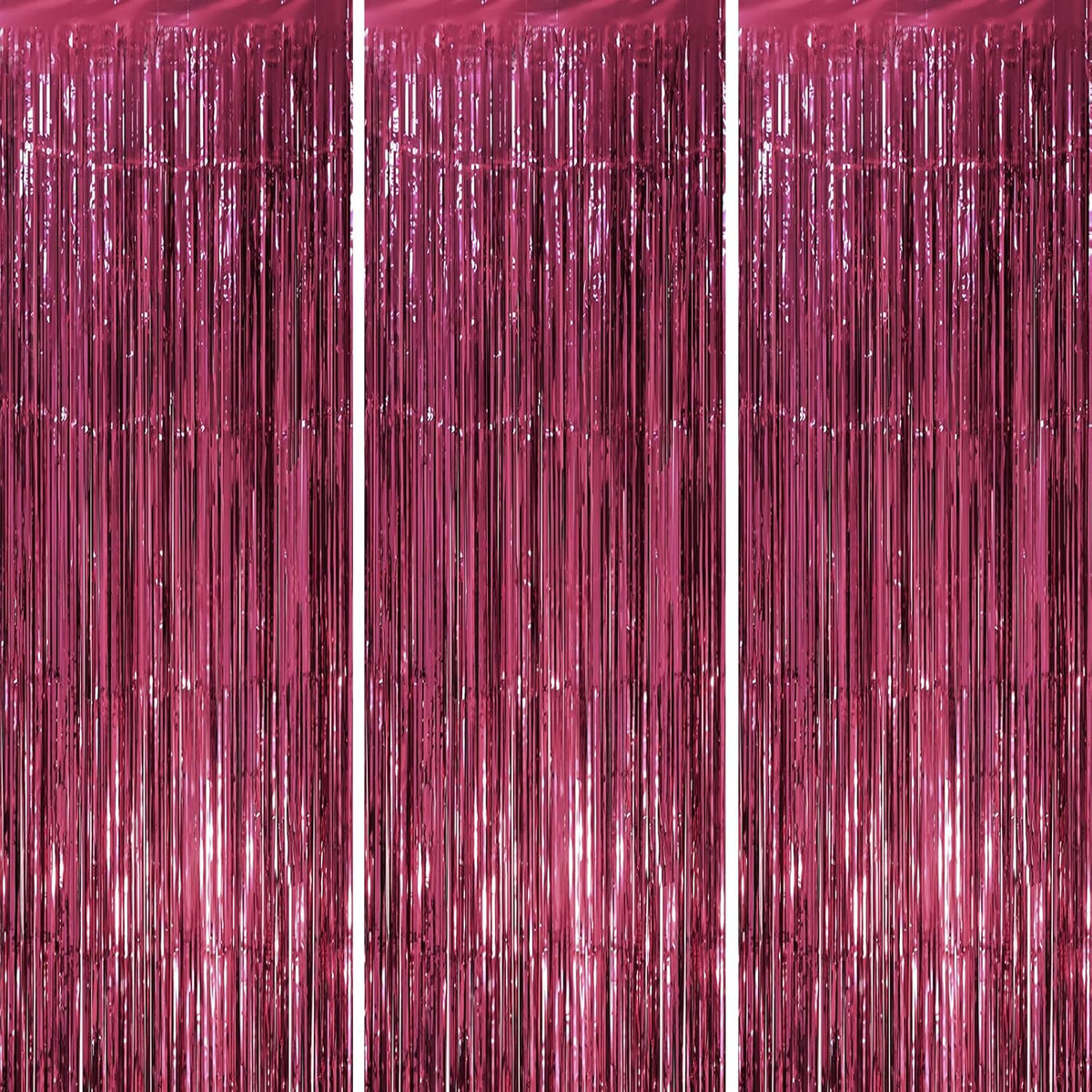 3 Pack 3.3 x 8.2 ft Burgundy Foil Fringe Backdrop Curtains, Tinsel Streamers Party Decorations, Fringe Backdrop, Door Shimmer for Graduation, 70s, 80s, 90s Party