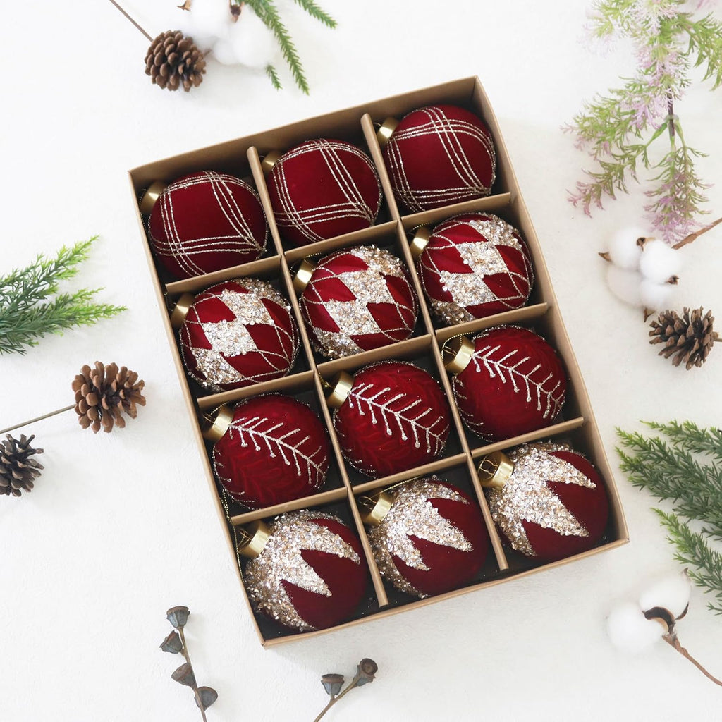3.15INCH Burgundy Velvet Ornaments for Christmas Tree, 12PCS Glitter Flocked Christmas Ornaments Decorations Balls Set Decor