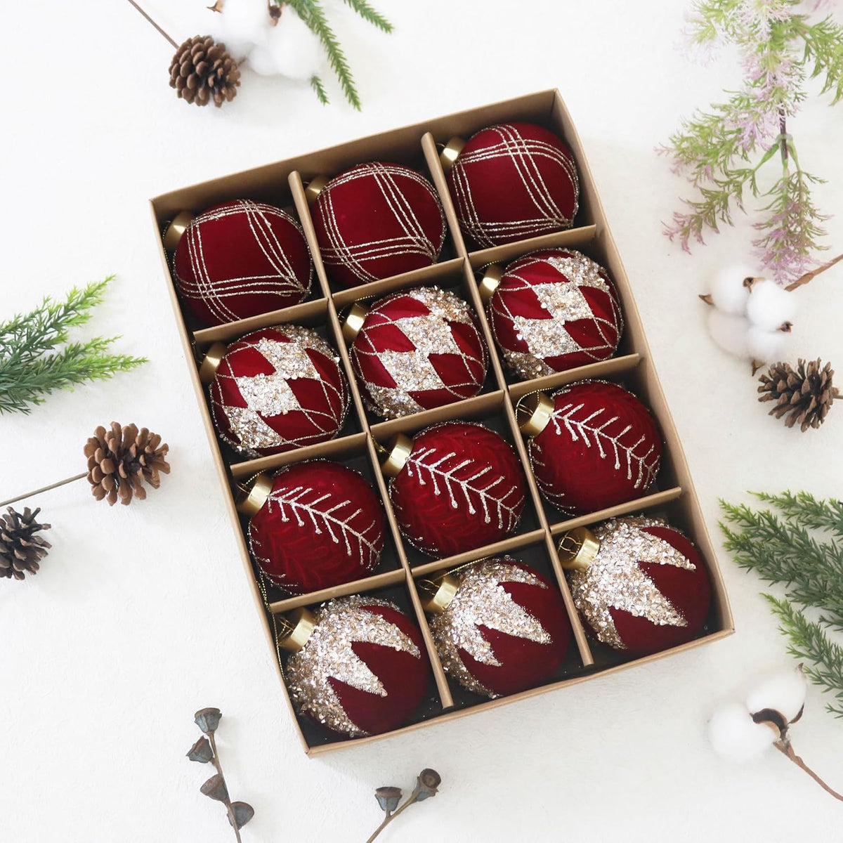 3.15INCH Burgundy Velvet Ornaments for Christmas Tree, 12PCS Glitter Flocked Christmas Ornaments Decorations Balls Set Decor