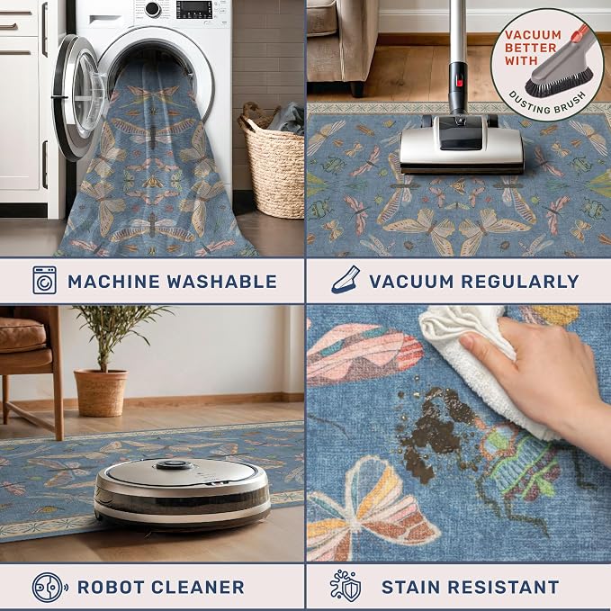 Blue Boho Hallway Runner Rug 2x8, Washable Non Slip Rug - Image 5
