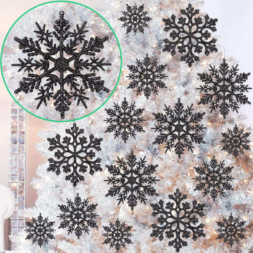 36pcs Black Christmas Snowflake Ornaments, Plastic Glitter Hanging Snow Flakes for Christmas Tree Decorations Winter Wonderland Frozen Birthday Party Holiday Home Decor Craft Snowflakes