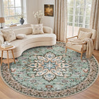 Round Area Rug for Living Room: 6ft Boho Washable Rug Brown Green | Vintage by EXPEDIX
