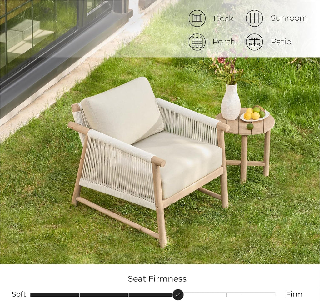 CHITA Boho Patio Rattan Chair, Outdoor Wicker Chair with 7.1″ Thickened Cushions Acacia Wood Frame(Cream)