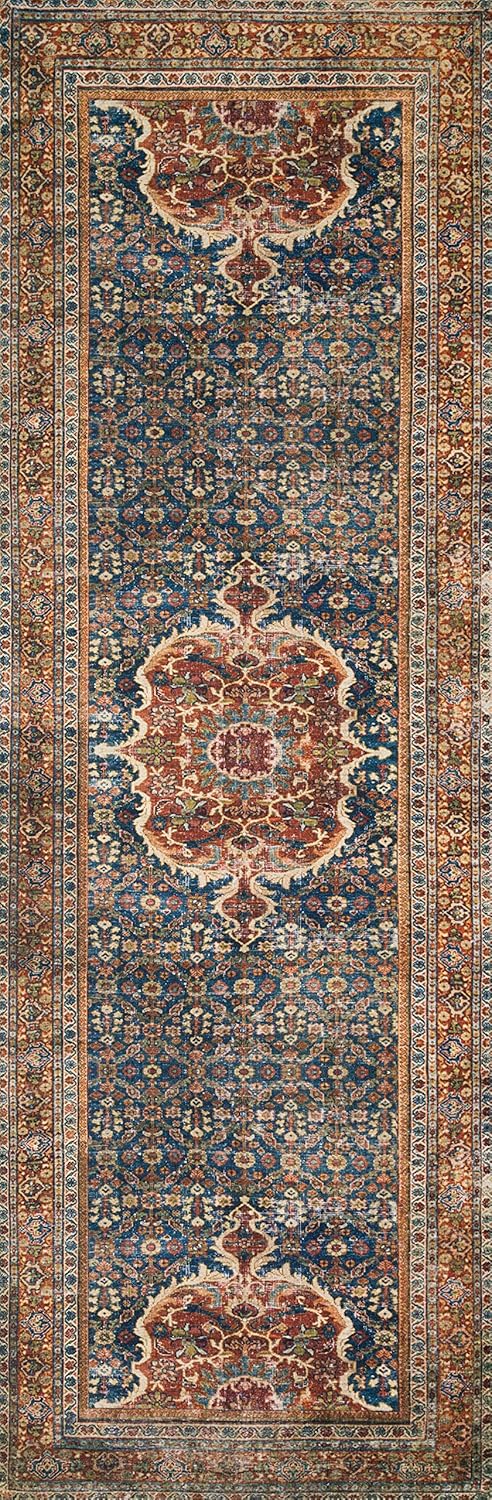 Loloi Layla Collection LAY-09 Cobalt Blue/Spice 2'-6" x 9'-6" .13" Thick Runner Rug, Soft, Durable, Vintage Inspired, Distressed, Low Pile, Non-Shedding, Easy Clean, Printed, Living Room Rug