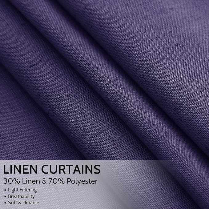 Purple Linen Blend Light Filtering Back Tab Curtains 108 Inches Long, Semi - Image 2