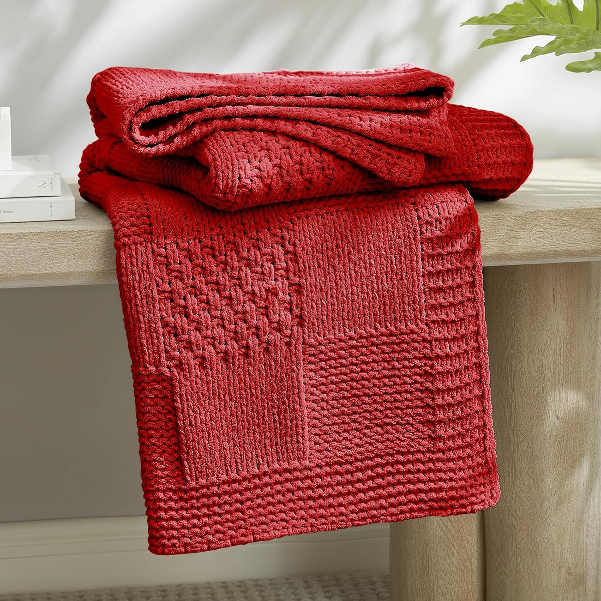 Amélie Home Chenille Knit Throw Blanket for Couch, Checkered Texture Decorative Soft Blanket for Sofa, Bed & Living Room, 50"x60", Red