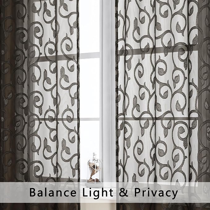 Furman Sheer Curtains Chocolate 24 Inch Length 2 Panels Set, Elegant Geometric - Image 6
