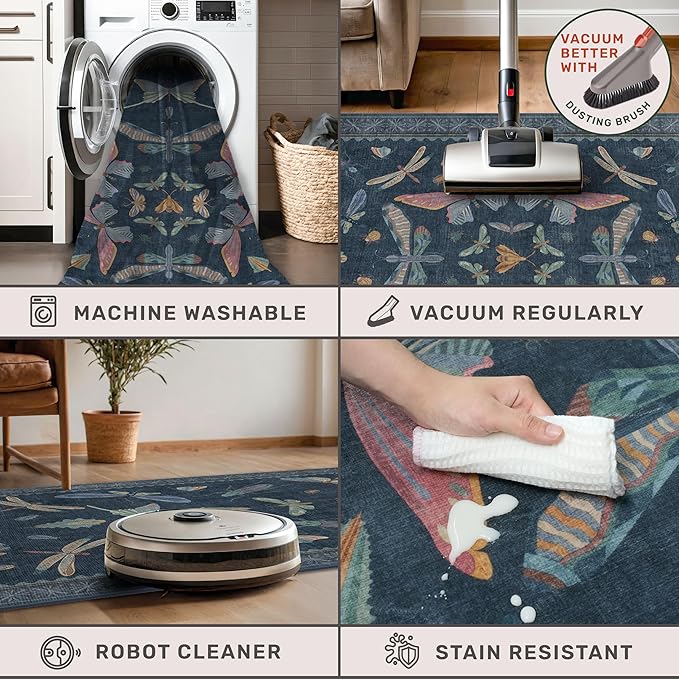 Blue Vintage Boho Area Rug 3x6, Washable Non Slip Indoor Carpet - Image 5