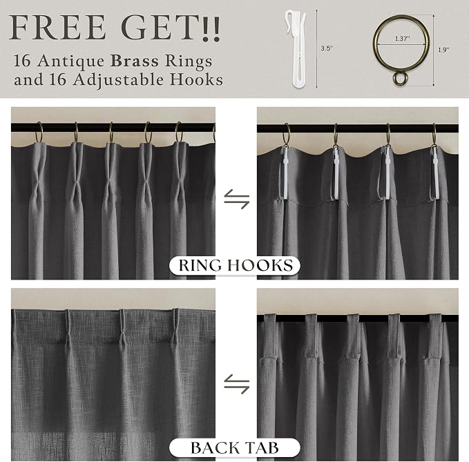 Dark Grey Light Filtering Pleated Linen Curtains 120 Inches Long 2 Panels | - Image 4