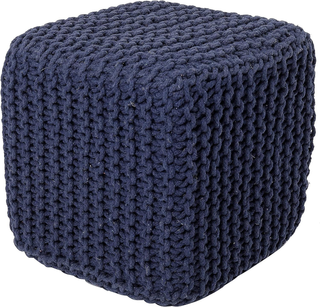 REDEARTH Square Hand Knitted Pouf - Foot Stool Ottoman Coffee Table - Cotton Cord Boho Pouffe - Poof Accent Footrest for Living Room - Bedroom - Library (16" x 16" x 16") - Navy Blue