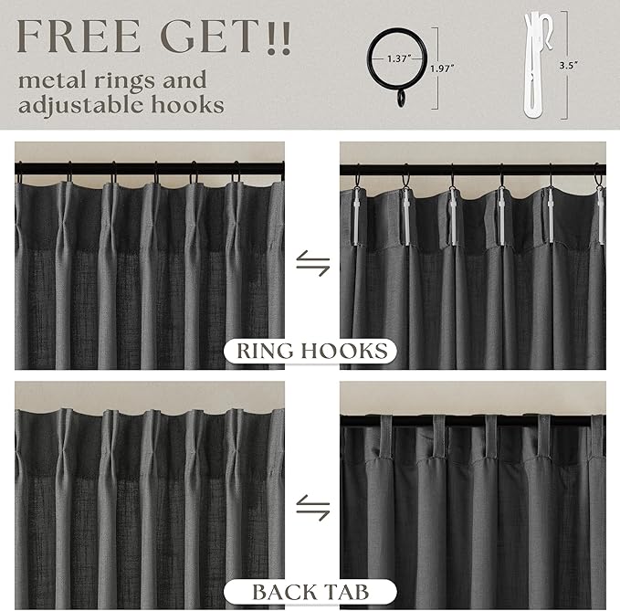 Dark Grey 80 Inch Pinch Pleated Linen Semi Sheer Curtains 2 Panel Set | - Image 5