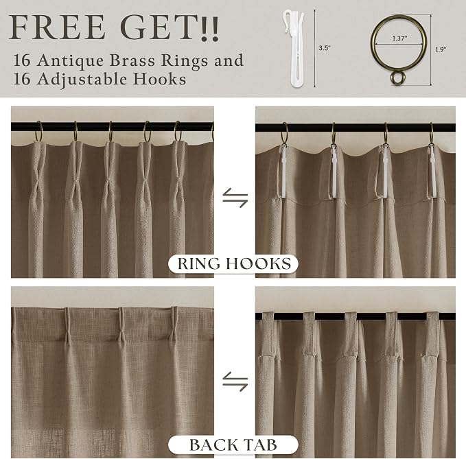 102 Inch Light Brown Thick Linen Pleated Semi Sheer Curtains - Image 3
