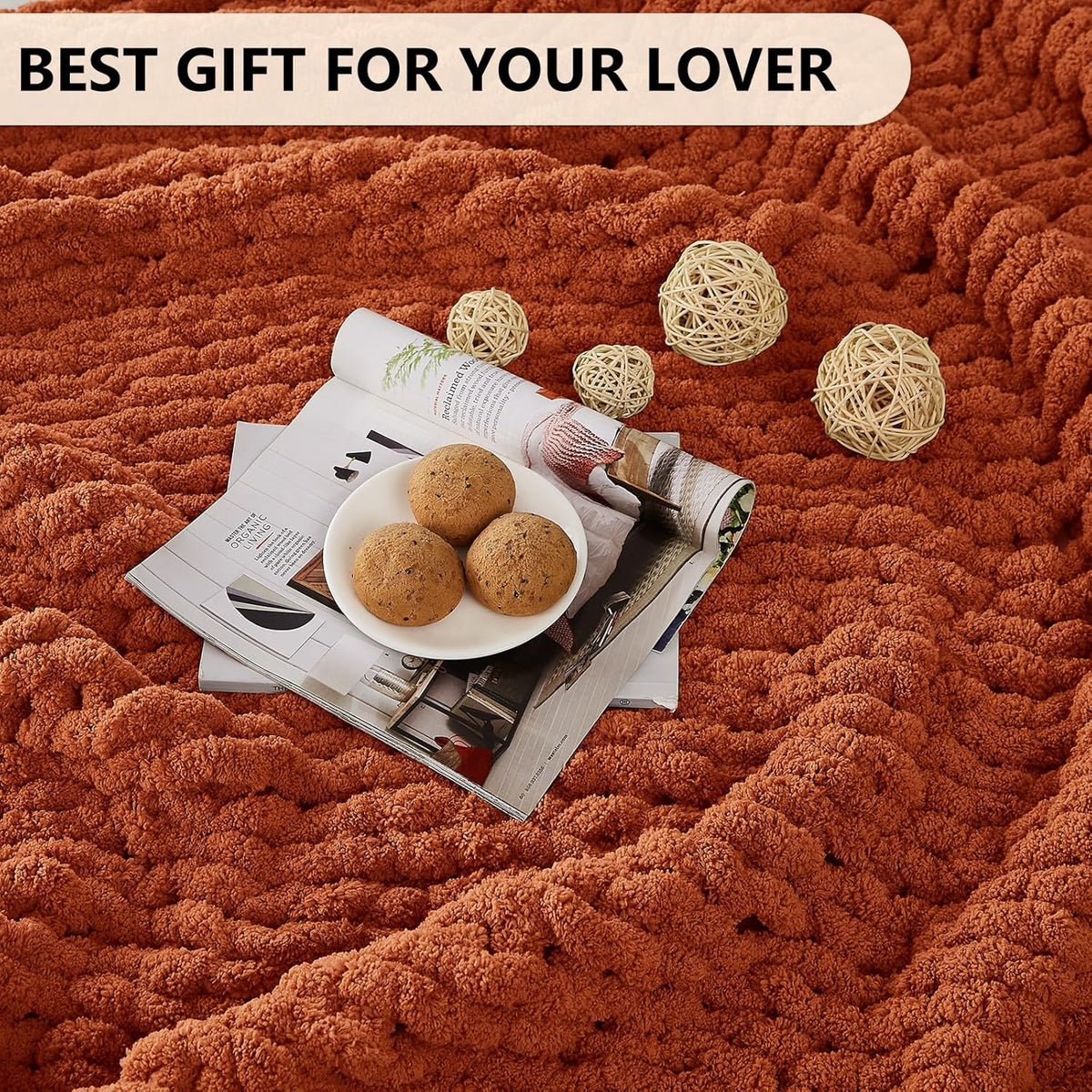 L'AGRATY Chunky Knit Blanket Throw: 50''x60'' Chenille Chunky Knitted Throw Blanket for Bed Couch - Handmade Thick Big Cable Knit Blanket - Large Crochet Rope Blanket for Home Decor(Rusty Orange)