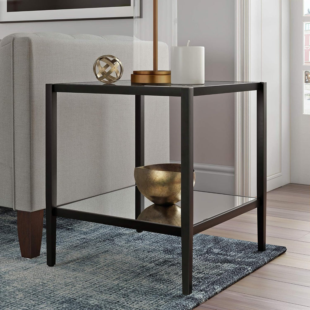 Henn&Hart 20" Wide Square Side Table with Mirror Shelf in Blackened Bronze, Table for Living Room, Bedroom