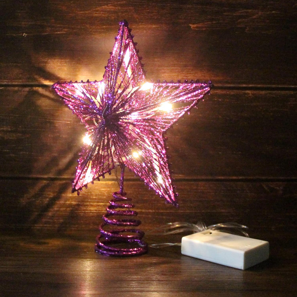 CVHOMEDECO. Violet Glittered 3D Tree Top Star with Warm White LED Lights and Timer for Christmas Tree Decoration and Holiday Seasonal Décor, 8 x 10 Inch
