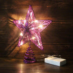 CVHOMEDECO. Violet Glittered 3D Tree Top Star with Warm White LED Lights and Timer for Christmas Tree Decoration and Holiday Seasonal Décor, 8 x 10 Inch