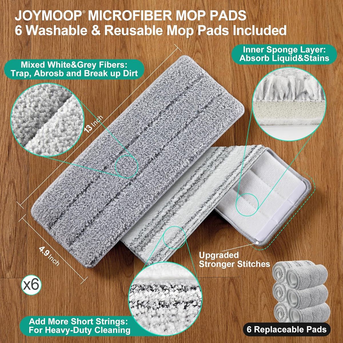 JOYMOOP Mop and Bucket Set with Wringer, Flat Mops for Floor Cleaning, Wall Mop Cleaner with Long Handle, Hardwood Floor Mop with 6 Microfiber Pads