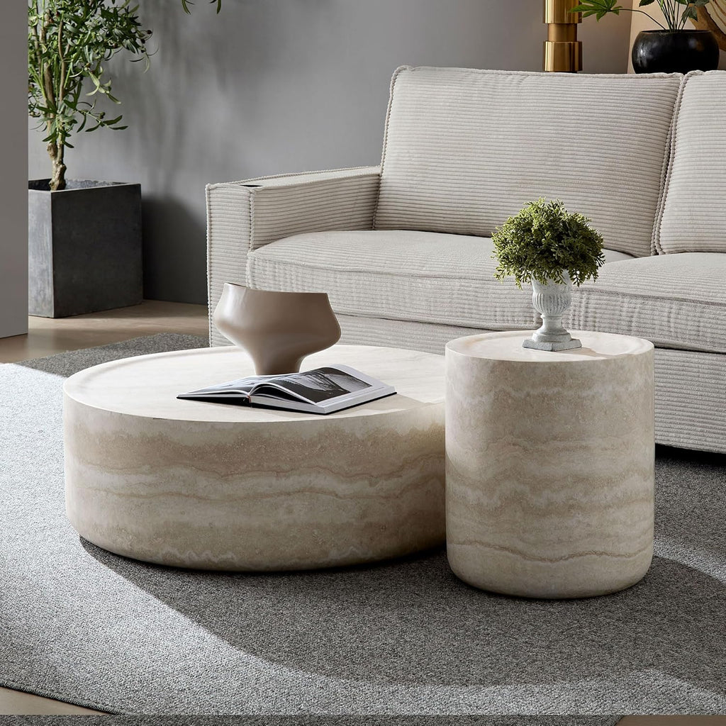 Coffee Table and Side Table Set, Round Faux Marble Coffee Table Set of 2 for Living Room, Luxury Circle End Table Modern Drum Center Tables for Apartment Office