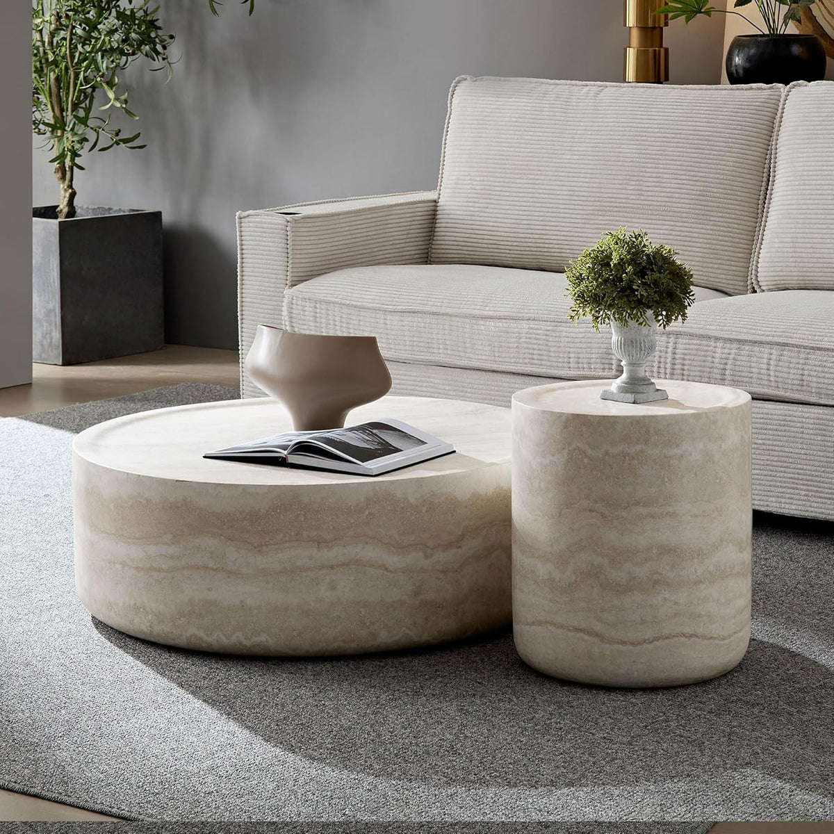 Coffee Table and Side Table Set, Round Faux Marble Coffee Table Set of 2 for Living Room, Luxury Circle End Table Modern Drum Center Tables for Apartment Office