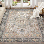 Washable Area Rugs for Living Room - 9x12 Neutral Vintage Distressed Floral Farmhouse Boho Large Soft Floor Rug Indoor Non Slip Carpet for Bedroom Dining Room Office -Forest Green Orange