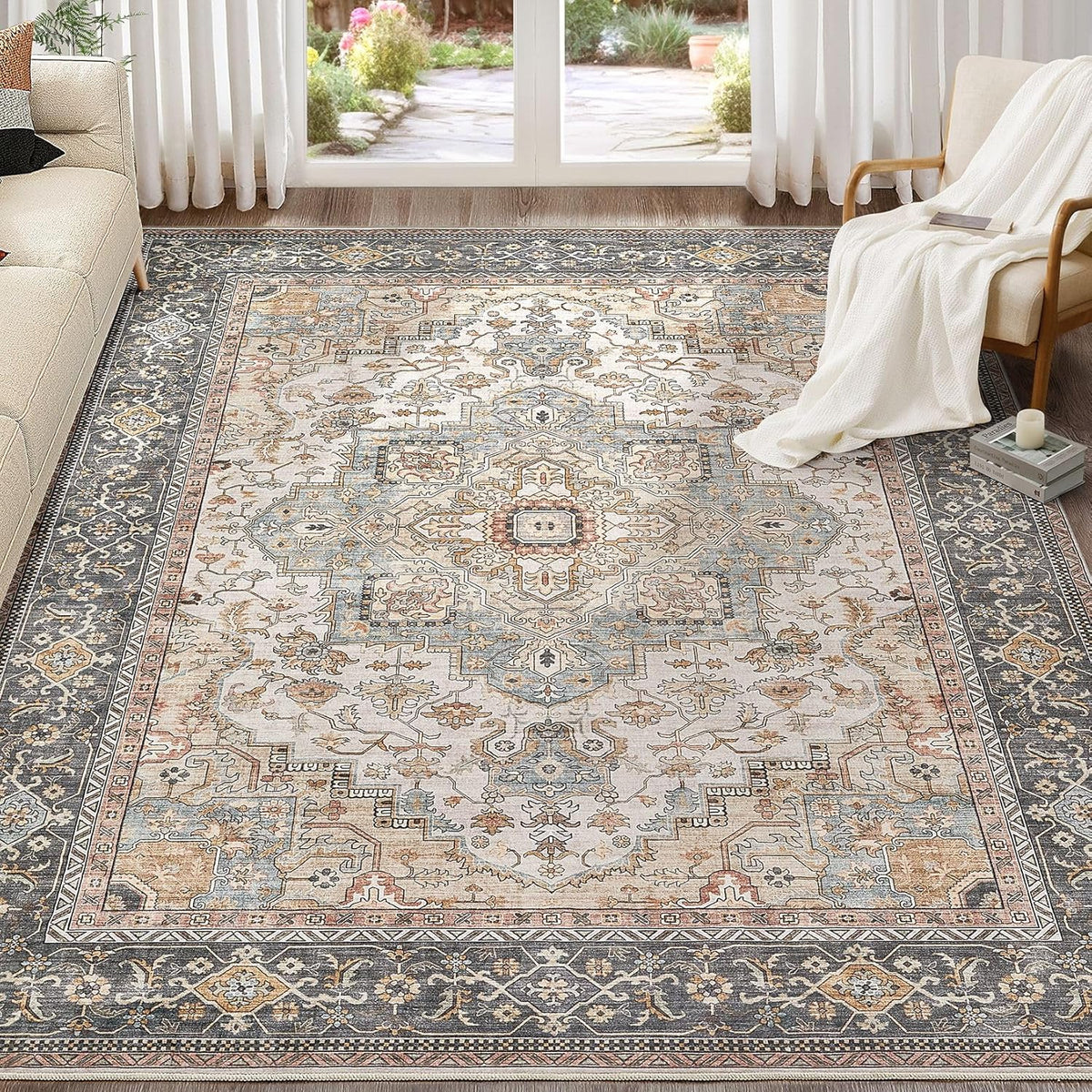 Washable Area Rugs for Living Room - 9x12 Neutral Vintage Distressed Floral Farmhouse Boho Large Soft Floor Rug Indoor Non Slip Carpet for Bedroom Dining Room Office -Forest Green Orange