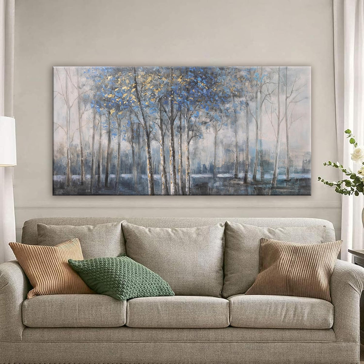 Canvas Wall Art Decor Pictures Wall Decor Prints Modern Large Wall Art Gold Wall Art Blue Grey Misty Botanical Textured Artwork for Walls For Room Living Room Bedroom Office Wall Decor 24"X48"