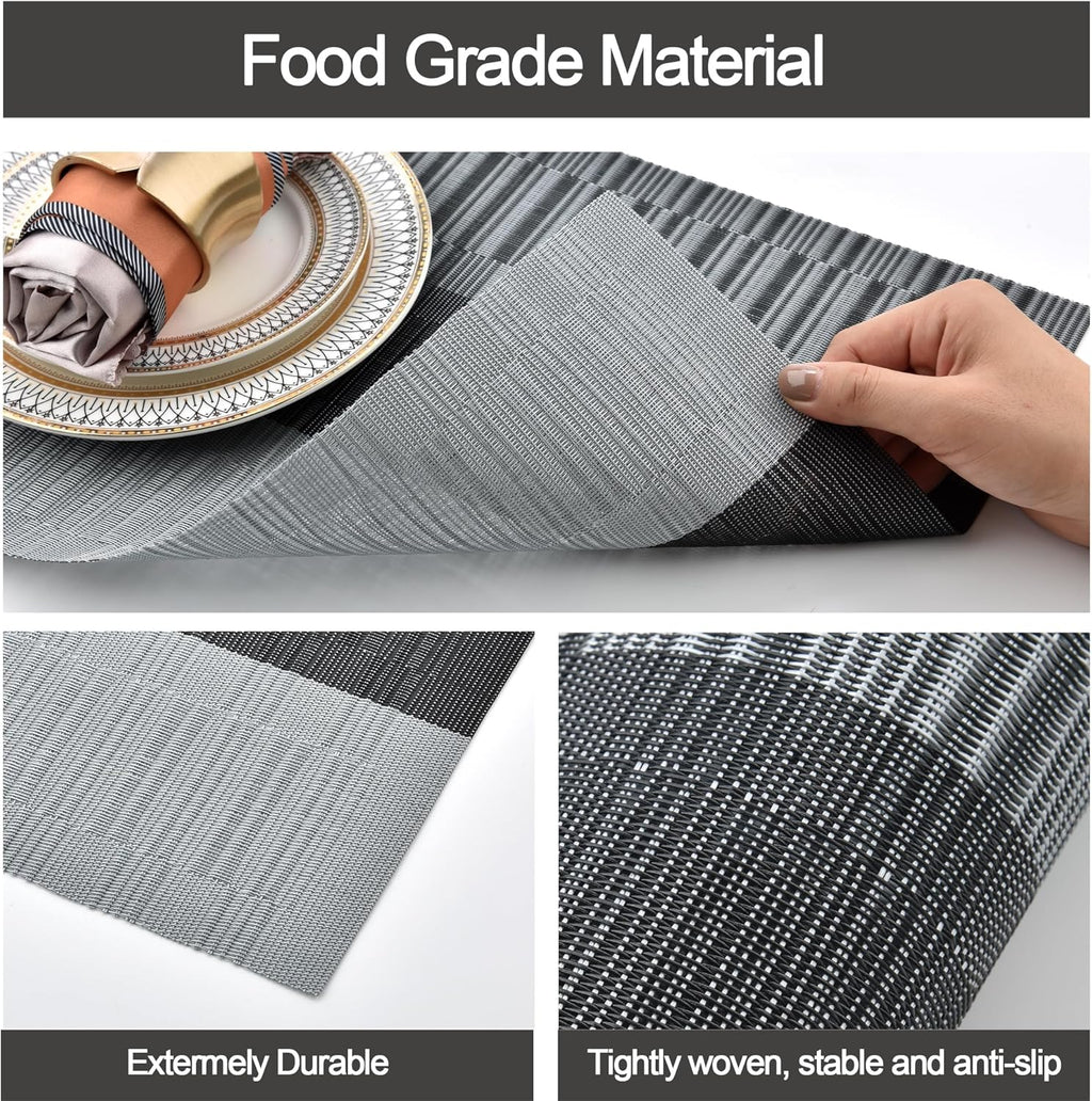 Placemats Set of 6 - Easy Clean Washable Vinyl Placemats - Heat Resistant PVC Place Mats for Dining Table (Black and Gray, 6)
