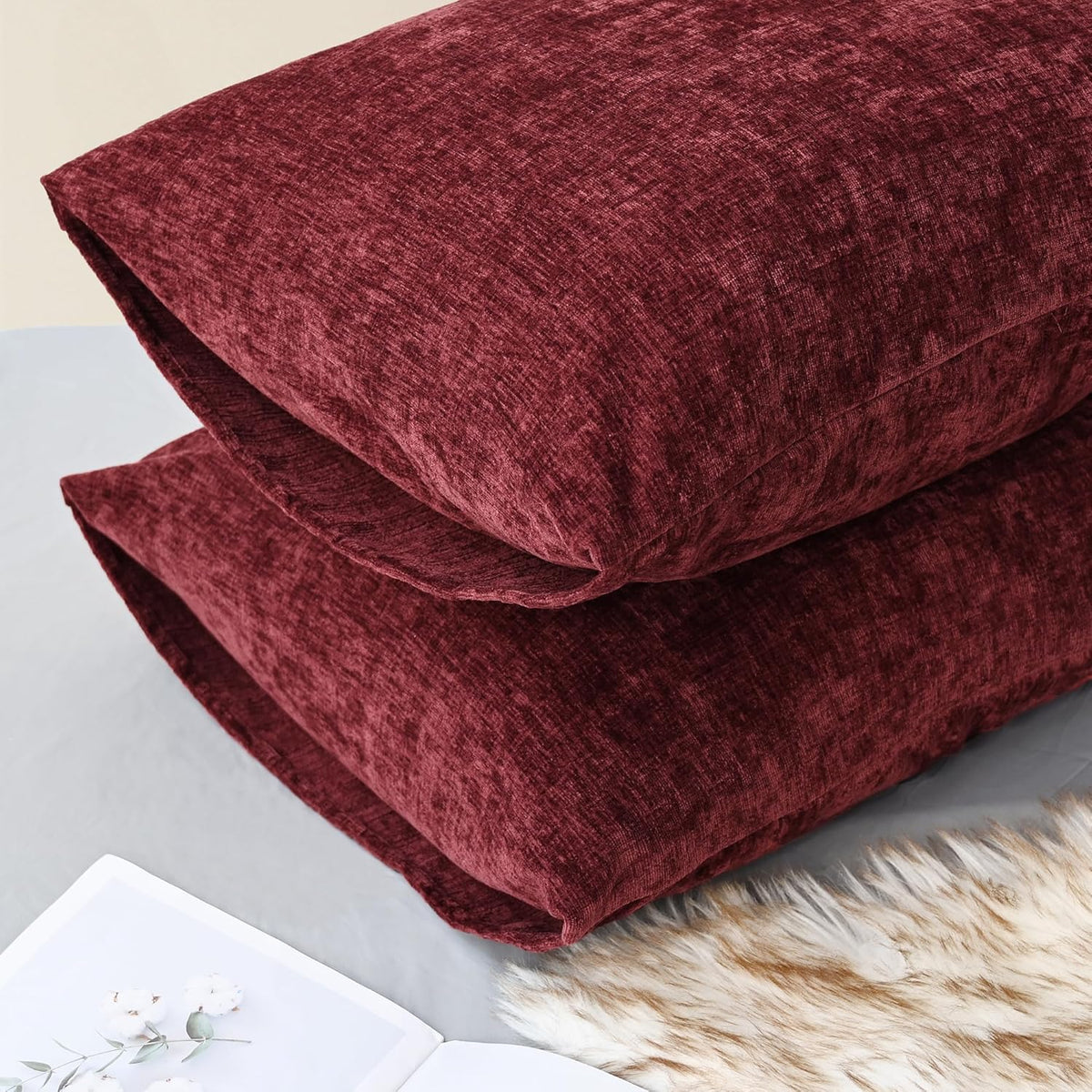 CaliTime Throw Pillow Covers Decorative 20 X 26 Inches Pack of 2 Cozy Chenille Standard Pillow Shams Cases for Couch Sofa Bed Living Room Home Burgundy