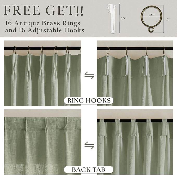Sage Green 63 Inch Semi Sheer Memory Trained Pleated Linen Curtains 50x63 | - Image 5