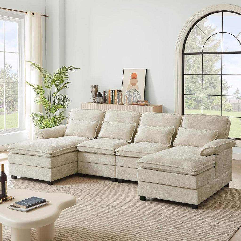 113" Oversized Cloud Couch, U Shape Sectional 4 Seat Sofa with Double Chaises, 2 Layer Cusions, Deep Seat Comfy Sofa, Upholstery Chenille Fabric for Living Room, Beige