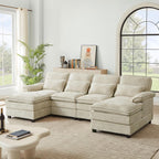 113" Oversized Cloud Couch, U Shape Sectional 4 Seat Sofa with Double Chaises, 2 Layer Cusions, Deep Seat Comfy Sofa, Upholstery Chenille Fabric for Living Room, Beige