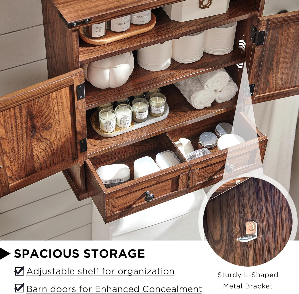 Bathroom Wall Cabinet, Farmhouse Medicine Cabinet, 24" Wide Cabinet with Drawer, Adjustable Shelf, Double Barn Doors, Storage Cabinet for Bathroom, Kitchen, Living Room, Brown