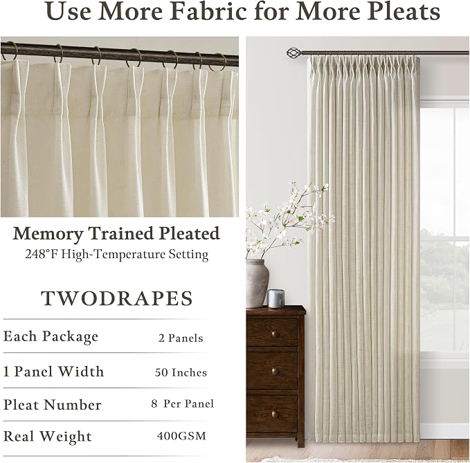 Semi Sheer Flax Linen Beige Pinch Pleated Neutral Curtains 96 Inches Long | - Image 4