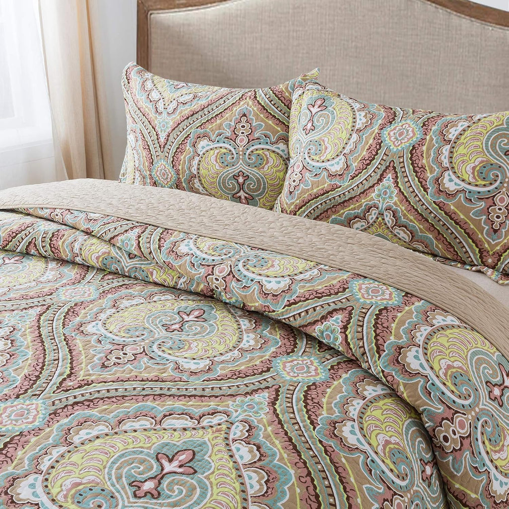 NEWLAKE Cotton Bedspread Quilt Sets-Reversible Patchwork Coverlet Set, European Paisley Blossom Pattern, King Size