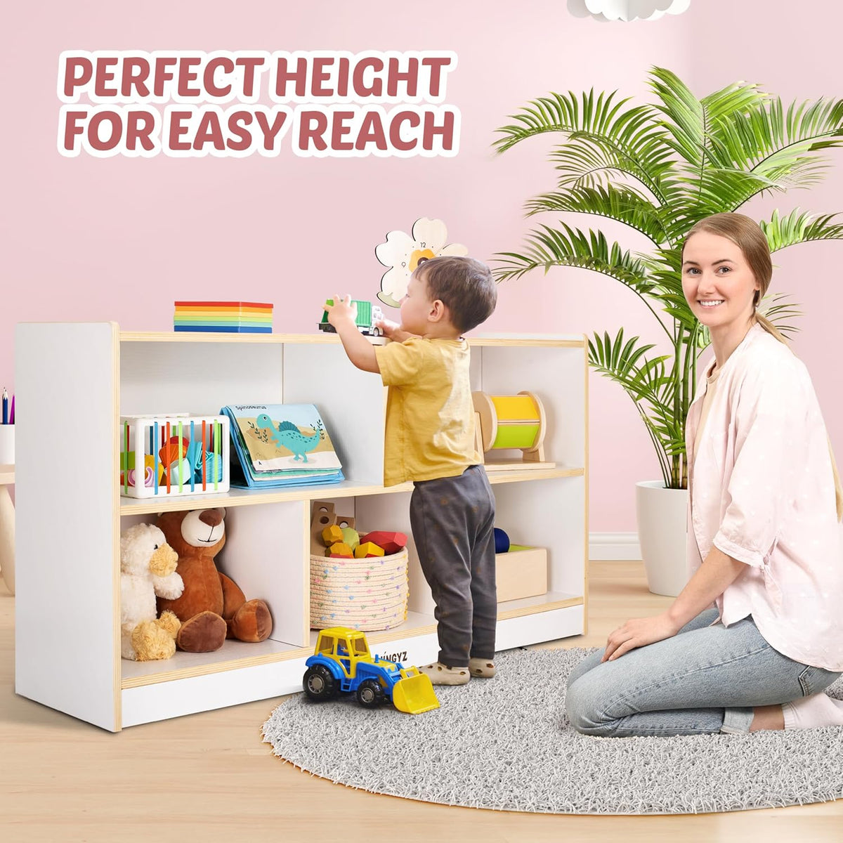 Toy Storage Organizer for Kids, 5-Compartment Wooden Storage Cabinet, Children Bookcase and Montessori Bookshelf, Book Shelf for Kids Room, Playroom, Living Room, Nursery, Classroom 24'' H(White)