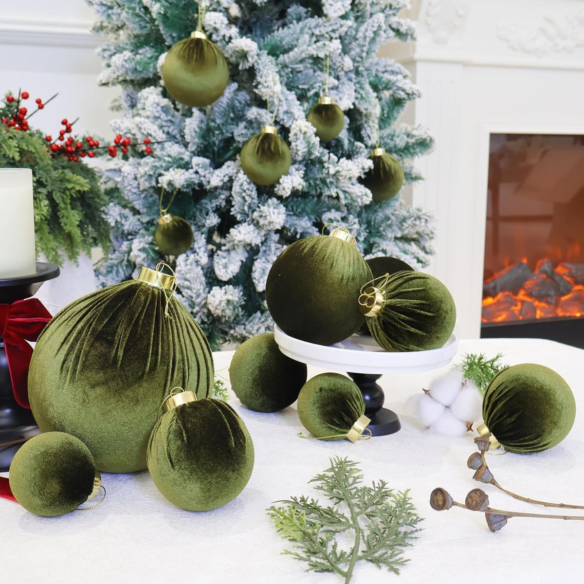 3.15inch Green Velvet Ornaments for Christmas Tree, 15pcs Flocked Christmas Ornaments Decorations Balls Set Decor